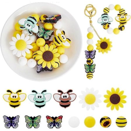 34 stk. 12 Stiler Silikon Focal Perler Bie Blomst Sommerfugl Formet Silikon Perler Gummi Perler for Perlepenn Kaychain Halskjeder Smykkefremstilling 