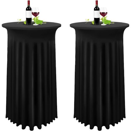 Sett med 2 svarte trekk for høye bord, duk for ståbord 80 x 110 cm, svart elastisk plissert skjørtbordsduk i spandex