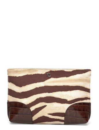 Zebra-Print Canvas & Leather Large Pouch Brown Lauren Ralph Lauren