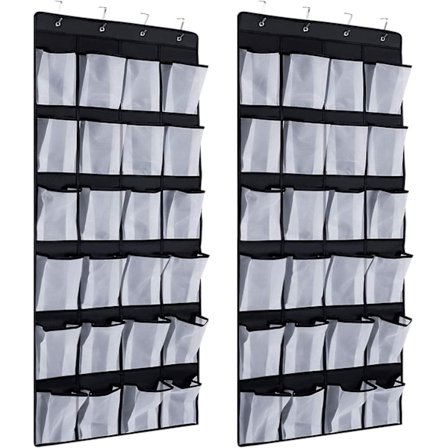 2 stk 24 lommer over dørhengende skostativ, skooppbevaring med 8 kroker (svart)