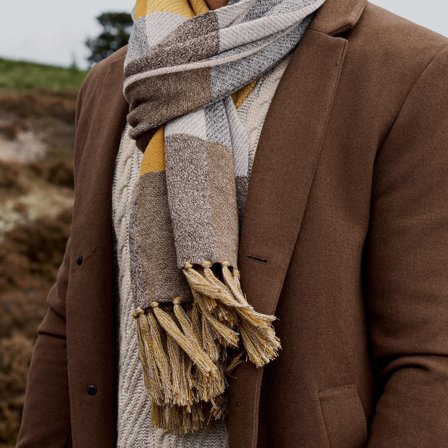 Hiems | Brown and Yellow Plaid Recycled Cotton Scarf for Men - Winter Scarves