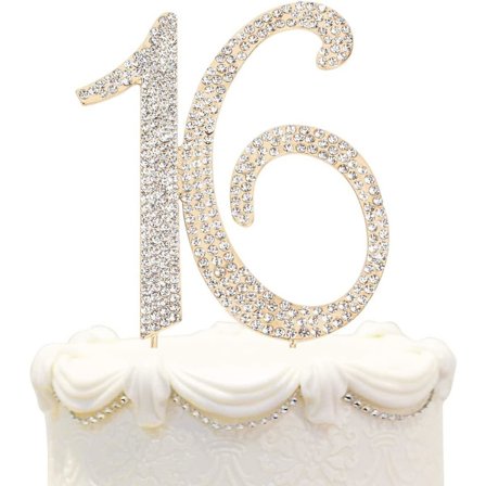 16 Tårtdekoration för 16-årsdag eller 16:e bröllopsdag Guld Glas Strass Festdekoration (guld)