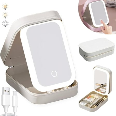 Lys Spejl Makeupboks, Kosmetik Opbevaringspose med LED Spejl | Bærbar Makeuppose - 3 Farver Med Lys Makeuppose, Rejse Makeuppose
