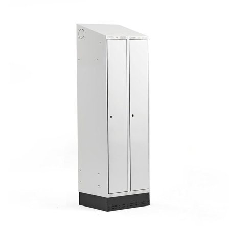 Szafa ubraniowa CLASSIC ze skośnym daszkiem, na cokole, 2 moduły, 2050x600x550 mm, szary