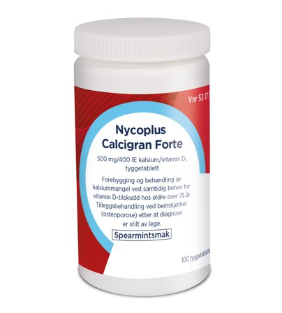 Nycoplus CalcigranForte 500 mg/400IE tyggetabletter 100 stk