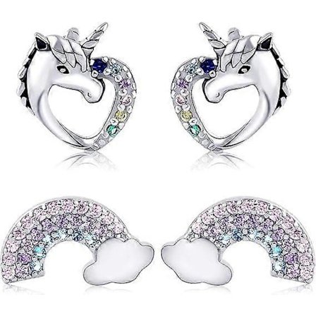 2 par små øreringe til piger, allergivenlige sølvøreringe til børn, enhjørning, hjerteform, regnbue, små CZ-øreringe sæt (FMY)