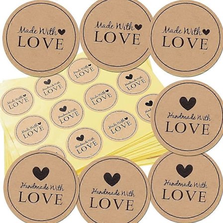 300 stk. 25 Ark Runde Klistermærker med Hjerte - Håndlavet med KÆRLIGHED til Dig Klistermærker Etiketter til Bryllupsgave eller Kuvert Dia: ca. 4 cm