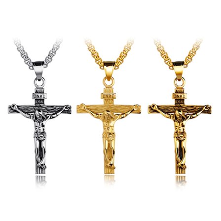 Sæt med 3 rustfrit stål Jesus Kristus kors vedhæng halskæde til mænd 7mm bredde kæde