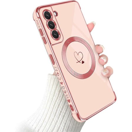 Pinkt Etui til Samsung Galaxy S21 Etui til Kvinder Pige [MagSafe Kompatibel] Sødt Hjerte Mønster Magnetisk Etui med Belagt Kant Silikone Stødsikker 