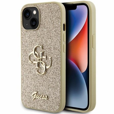 Guess Glitter Script Big 4G iPhone 15 Etui - Guld