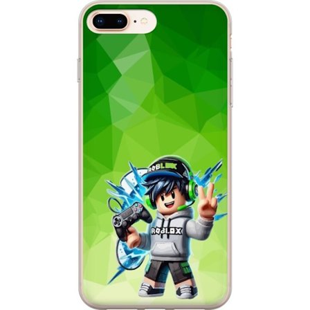 Kompatibelt Mobildeksel til Apple iPhone 8 Plus Roblox-inspirert gamerfigur med headset, håndkontroll og energiske effekter mot grønn bakgrunn