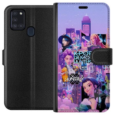 Samsung Galaxy A21s Plånboksfodral KPop Demon Hunters födelsedagstema med neon Glad födelsedag och karaktärer i festlig energi och färg