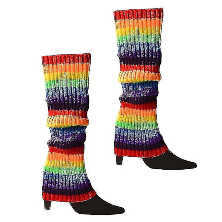 Dam Vintage 80-tals Ribbade Stickade Benvärmare Fluorescerande Färg Virkad Lång Stövlett
