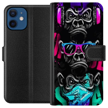 Kompatibel Tegnebogsetui til Apple iPhone 12 Graffiti motiv med tre aber - Hør intet ondt, se intet ondt, sig intet ondt i neonfarver