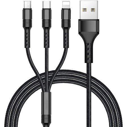 Flettet USB Multi-kabel 3-i-1, Micro USB & Type C, 1,2m for Galaxy S10/S9/S8, Huawei P30/P20, Kindle, Svart