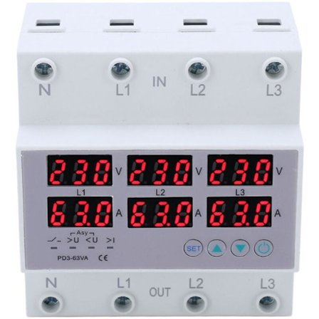 3-faset DIN-skinne voltmeter-amperemeter med overstrøms- og overspændingsbeskyttelse AC 390 500V 63A