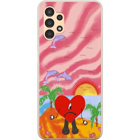 Kompatibel Mobilcover til Samsung Galaxy A13 Bad Bunny i en farverig quiltet jakke med hjertemønster og solbriller i moderne gade stil