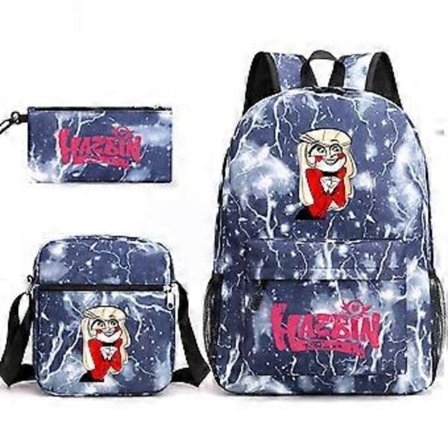 Hazbin Hotel Skolesekk Ryggsekk Penal Skulderveske Tredelt Sett _02