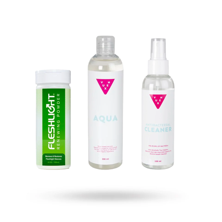 SÆT MED FLESHLIGHT RENEWING POWDER 118 ML, VUXEN AQUA GLIDECREME 300 ML & TOY CLEANER 150 ML