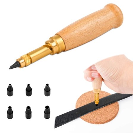 Automaattinen nahkarei'itin puukahvalla ja 6 kirjansidontatyökalun kärjellä, 1,5 mm, 2 mm, 2,5 mm, 3 mm, 3,5 mm, 4 mm, vaihdettava rei'itin ompeluun,