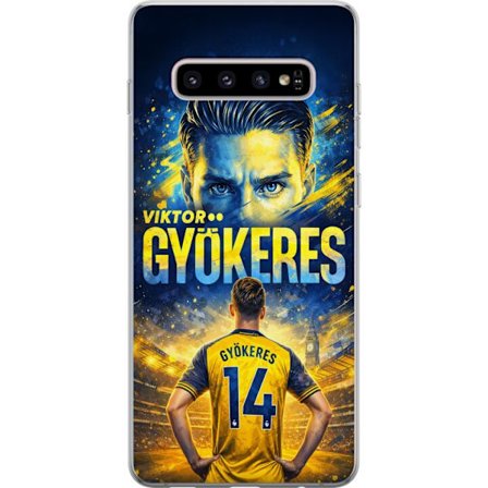 Kompatibelt Mobildeksel til Samsung Samsung Galaxy S10+ Viktor Gyökeres fotballplakat i gult og blått med dramatisk stadionbakgrunn, sportillustrasj