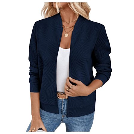 Jakke Dame, Tekstureret Letvægts Lynlås med Lange Ærmer, Afslappet Overtøj til Hverdags Streetwear og Rejser