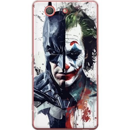 Kompatibel Mobilcover til Sony Sony Xperia Z3 Compact Delt portræt af Batman og Joker i dramatisk illustration, ikonisk superhelte motiv med mørk ku