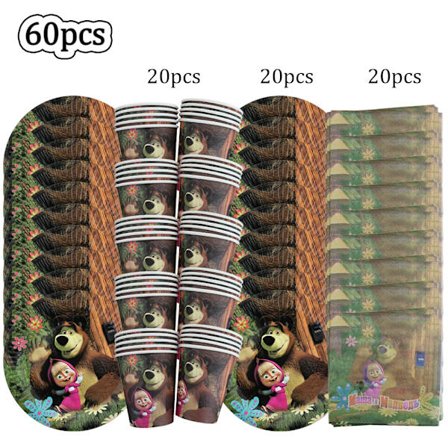 Tegneserie Masha og Bjørnen Bursdagsfest Utstyr Engangsservise Papirkopp Tallerken Serviett Baby Shower Bursdagsdekorasjon