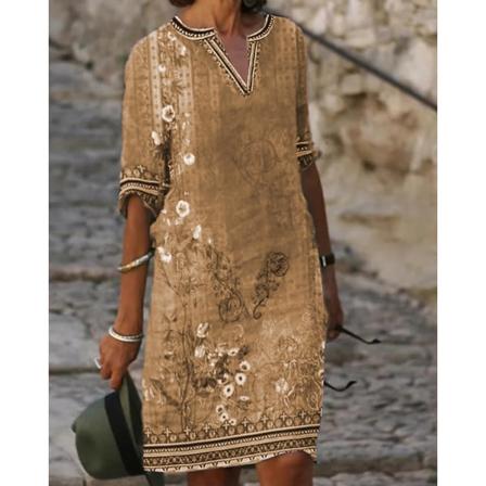 Etnisk print afslappet kjole med V-hals Khaki 5XL