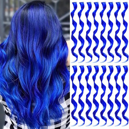 Farverige Syntetiske Hår Extensions 16 Stk Clip In Krøllet Bølget Paryk Striber Til Piger Multicolor Party Highlights Cosplay Festival Gaver Blå 55cm