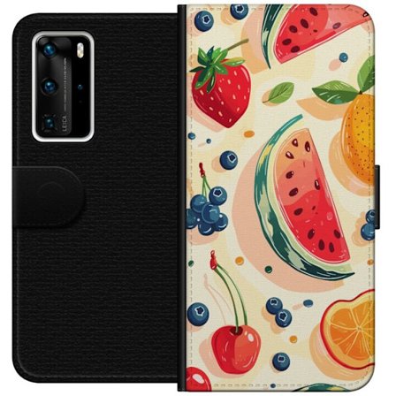 Kompatibel Tegnebogsetui til Huawei P40 Pro Legesyg frugtillustration med vandmelon, citrus, jordbær, kirsebær og bær