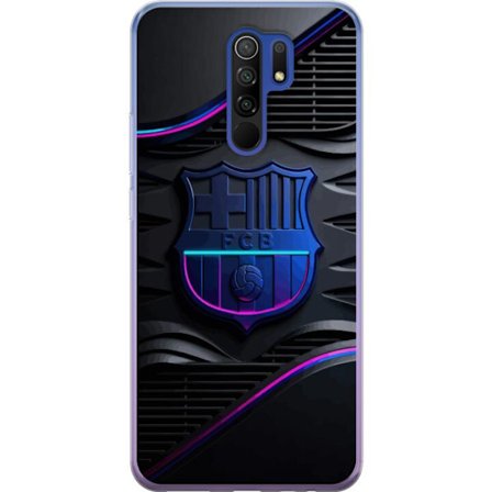 Yhteensopiva Puhelinkuori Xiaomi Redmi 9 FC Barcelonan seuraemblemii neon sinistä ja vaaleanpunaista futuristisella metallisella suunnittelulla