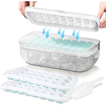 Isterningebakke med låg, fødevaregodkendte silikoneforme, frigør alle isterninger på et sekund, genanvendelig isterningebakke med 48 rum