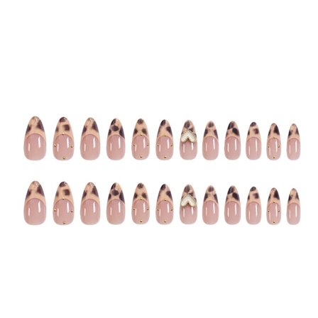 Press-on Naglar Långa Mandel Hjärta Svart Leopard Fransk 3D Ballerina Falska Naglar Akryl Falska Nagelspetsar Kit Limma på Naglar för Kvinnor