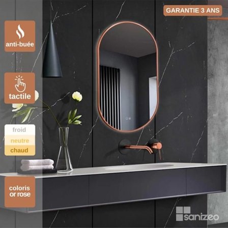 Spegel Badrum - SANIZÉO - TOKYO - Dammfri - Triled Belysning - 50x90 cm - Roséguld