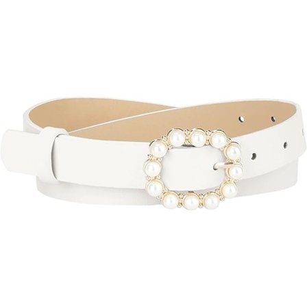 Dam bälte med pärlor i midjan, smalt läder, justerbart spänne med stift, för jeans, klänningar, byxor, vitt