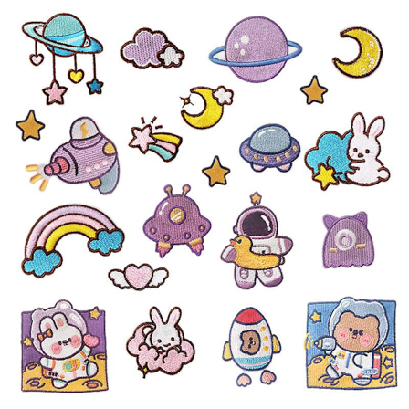 19 stk. broderi stryke-på-lapper, lilla planet romlapp klistremerke himmel kanin applikasjon stryke-på-lapper dekaler for T-skjorte, jeans, klær, 