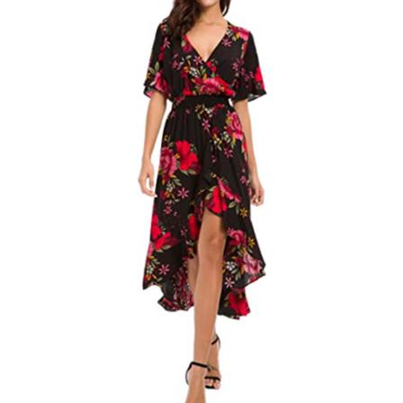 Kvinnor Kortärmad Lång Klänning V-ringad Summer Beach Sundress