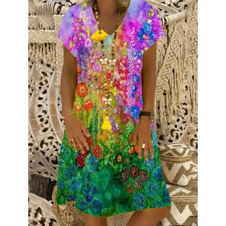 Vintage Blommig Printed Lös Miniklänning Elegant Kvinnor Sommar V-