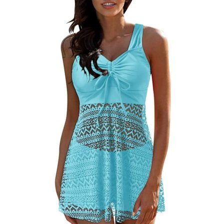 Badedragt til kvinder med snøre foran og blondekors bagpå, gennemsigtig blondebadedragt i to dele med flydende tankini og shorts, blå