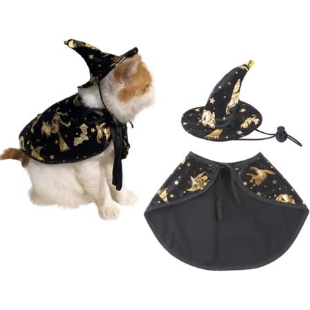 IC Kjæledyr Halloween-kostymer Pet Cape med Trollmannhatt og Sløyfe Ferievalpekappe Kattedrakter Halloween Kjæledyr Kostyme Dekorasjon Cape for Katter