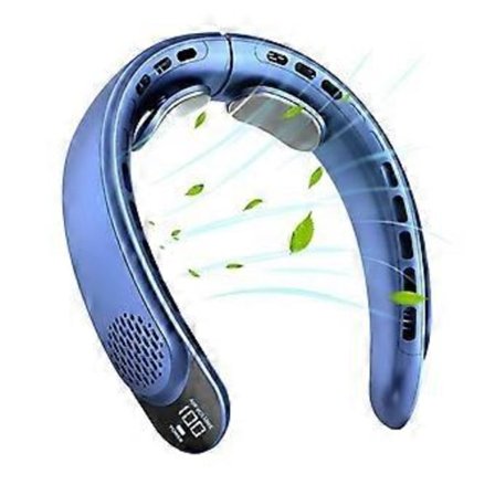 Uppladdningsbar Halsfläkt, Personlig Fläkt med LED-Display, 3 Hastigheter med 4000mAh Batteri, för Kvinnor, Män, Resor, Utomhus, Blå