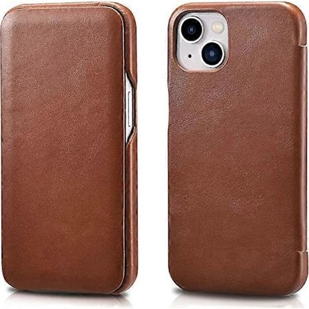 Leather Case Compatible with iPhone 13 mini - Vintage Style Genuine Leather Flip Folio Design Cover - Built-in Magnetic Closure - Brown