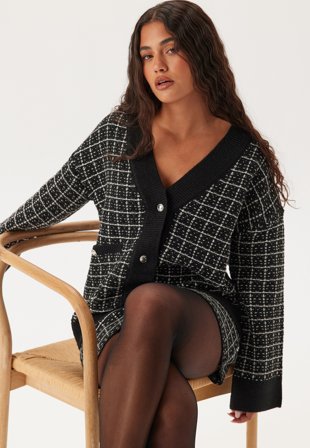 Pieces - Pcnilja Knit Shacket - Black Checks:white And Silver - Kläder - - Bubbleroom