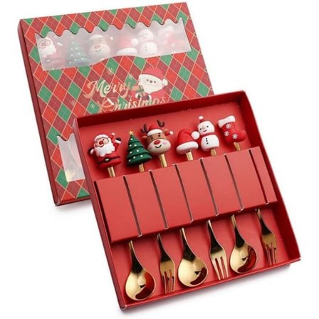 6-delt Julebestik Rustfrit Stål - Kreative Skeer Gafler Til Dessert Kaffe
