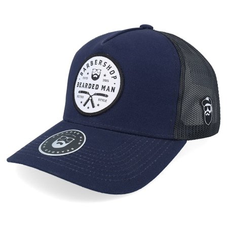 Bearded Man - Blå trucker Caps - Barber Shop Retro Style Canvas Navy/Black A-frame Trucker @ Hatstore