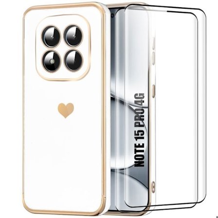 Cover til Xiaomi Redmi Note 15 Pro 4G, Slim Silikone med Hjerte Mønster - Hvid - 2 Tempererede Glas