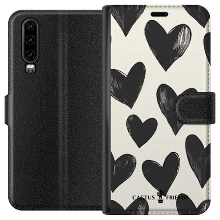 Kompatibelt Lommeboketui til Huawei Huawei P30 Cactus and Friends - Bold Black Love Pattern