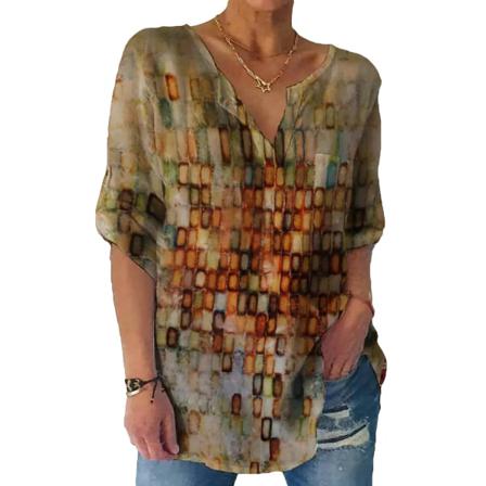 Kvinnor Cool Dry Kvinnor Button Multicolor Print 3 4 Ärmar V-hals