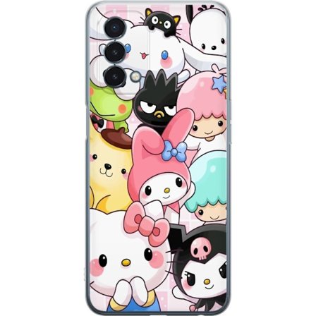 Kompatibelt Mobildeksel til OnePlus Nord N200 5G Tett mønster av søte figurer med store øyne i ulike farger og uttrykk med LABUBU-tekst